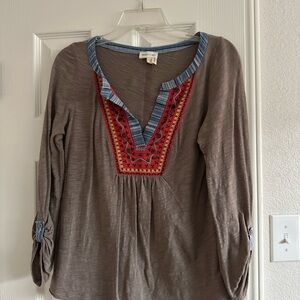 Anthropologie Brown Tunic with Coral and Blue Accents